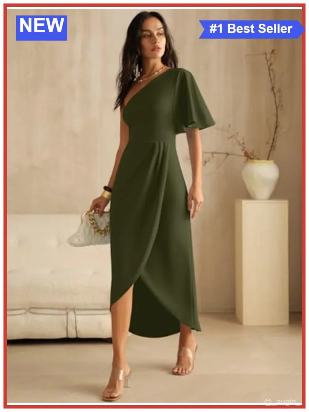 Women's One Shoulder Midi Dress Empire Waist Ruffle Cape Sleeve Side Slit